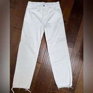 Hudson white denim raw hem straight leg jeans